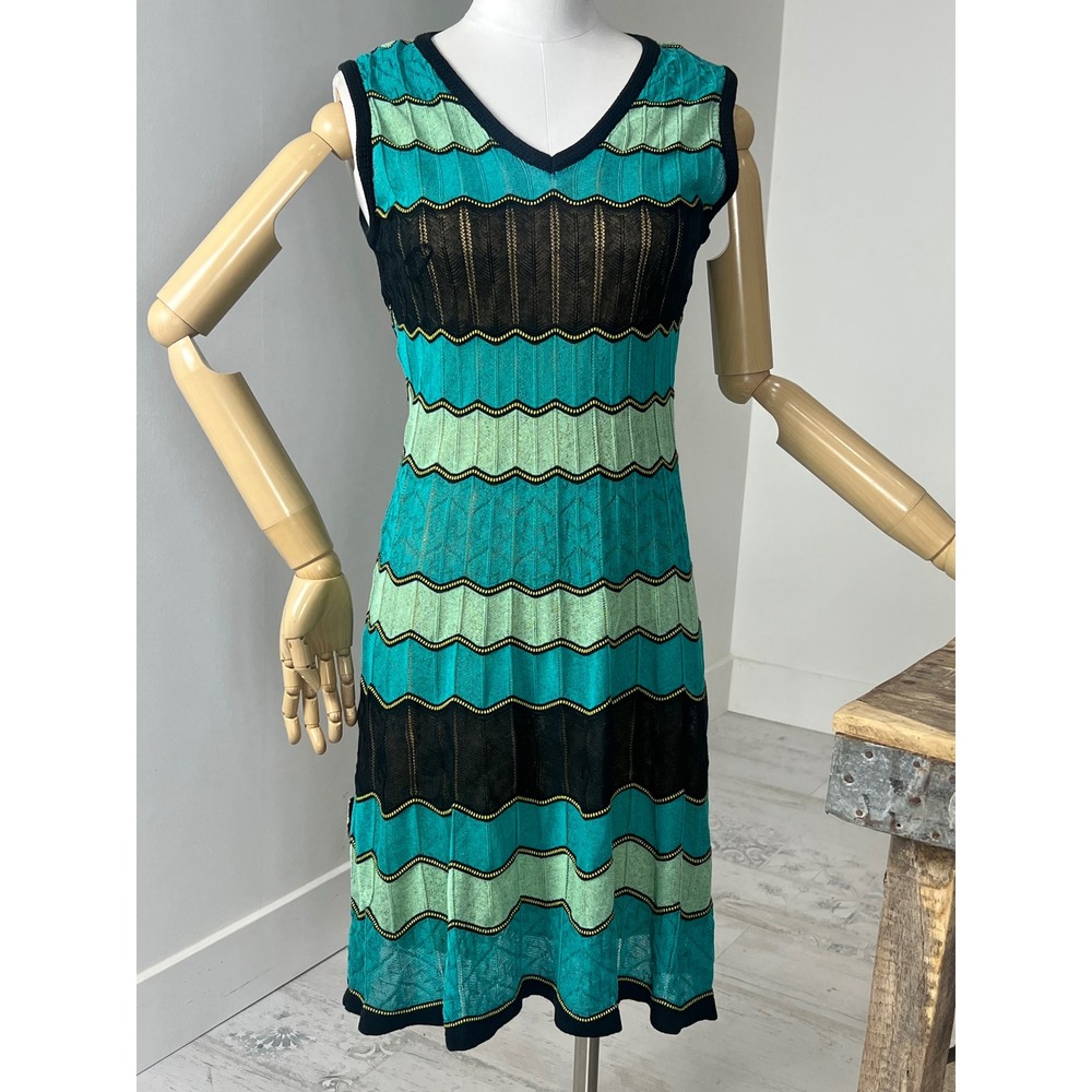 M Missoni Teal Green Black Zigzag Knit V-Neck Sleeveless Midi Dress IT 40 - Picture 5 of 8